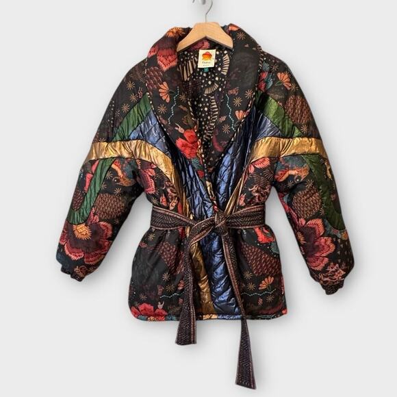 Farm Rio Black Wild Bananas Metallic Reversible Puffer Jacket Size Small - Picture 3 of 11